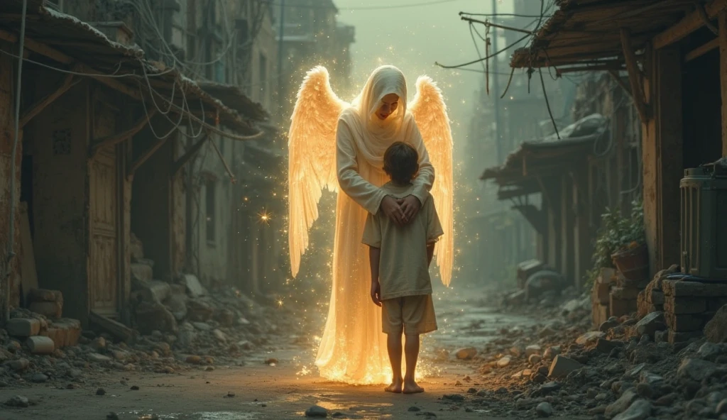 angel boy in white clothes prays looking at the war in Ukraine painted with oil paint