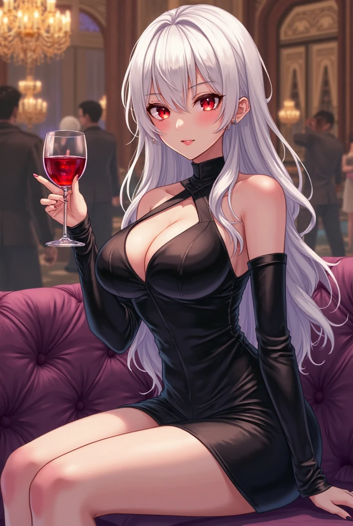 cute date night outfit, flirty and fun,  mature dirty blonde femme fatale, [Victoria Beckham],[[Kate Beckinsale]], cleavage, large breasts, cocktail dress, in a classy hotel lobby, sitting at the bar, burgundy silk dress, deep v, silver bangle, silver necklace, 30 years old
