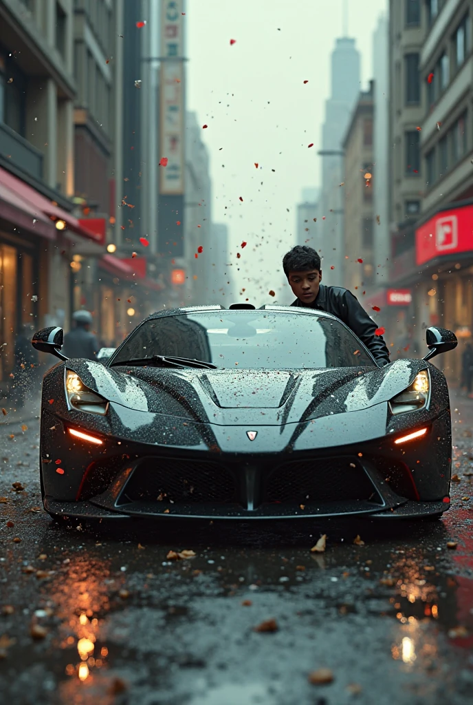 Begraund in super cars Lamborghini, bugati , car's colour is black, inside card bonat siting a boy , boy t-shirt in text ' SANJU '  . the boy age is 16-17. And a cute girl stand up .
