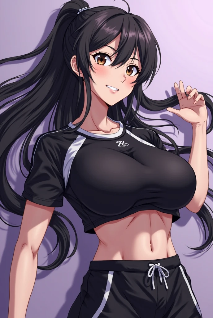 LWA tifa lockhart, 1girl, thick lips, arm up, armpits, artist name, belt, black hair, breasts, brown eyes, cleavage, closed mouth, collarbone, cowboy shot, crop top, earrings, elbow gloves, elbow pads, gloves, jewelry, large breasts, lips, long hair, low-tied long hair, midriff, navel, one eye closed, outdoors, skirt, smile, solo, stomach, suspenders, tank top, upper body, ((masterpiece))