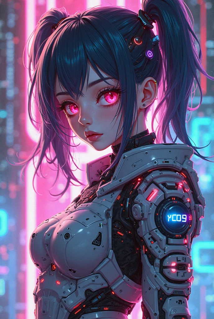 girl 2 meters tall purple hair gigantic busty with a very big ass and a full color and white suit black and short hair full body horn