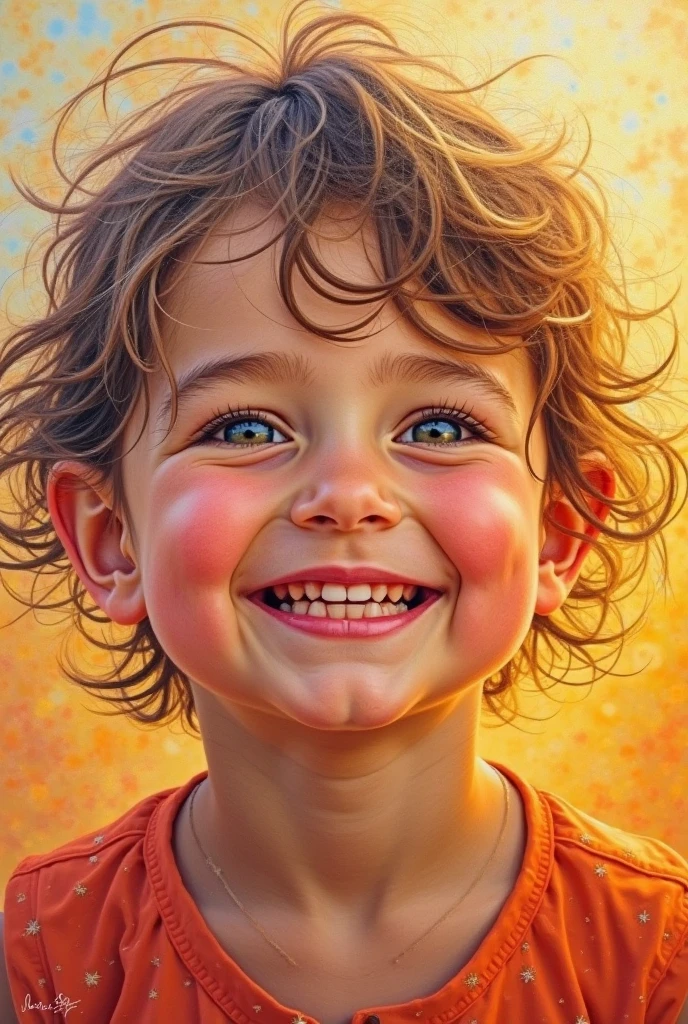 Paint me a mischievous, 8 year old, smiling, freckled face, cap turned over. Non-style painting: "Impressionism", 8K colors. Paint with vibrant and well-defined colors, but in a way that the character is easily recognized and revealing the perfection of the character's facial expression.