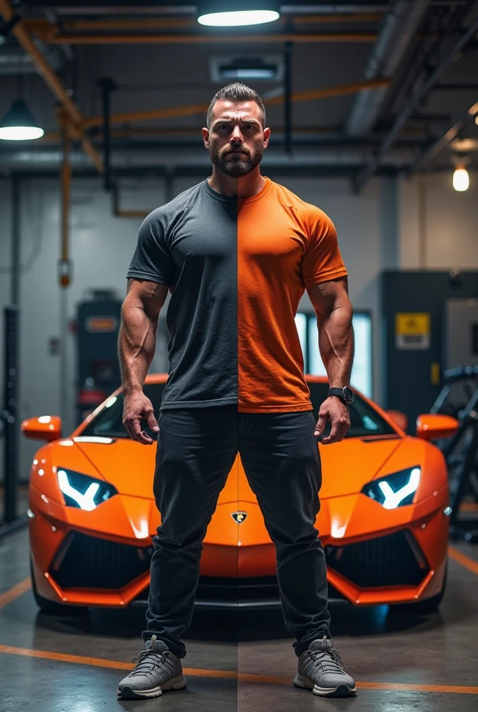 dark man broken hair , muscular arms, cars and women in the background
