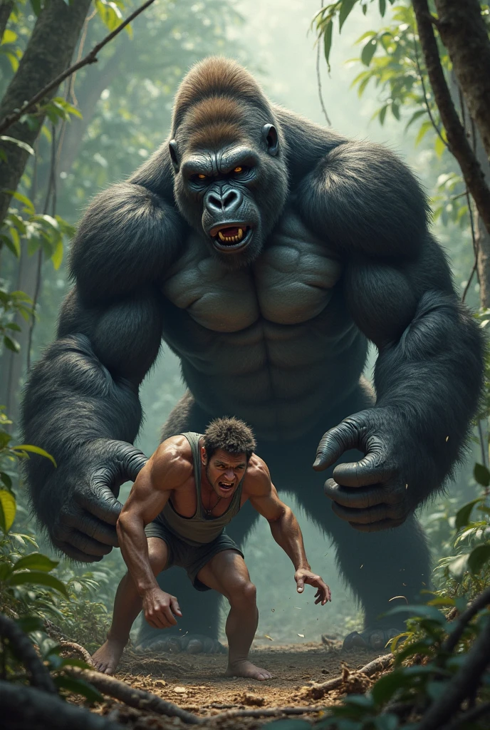 A  and a big gorilla standing in front of each other and gorilla open mouth very angry looking to kid from side