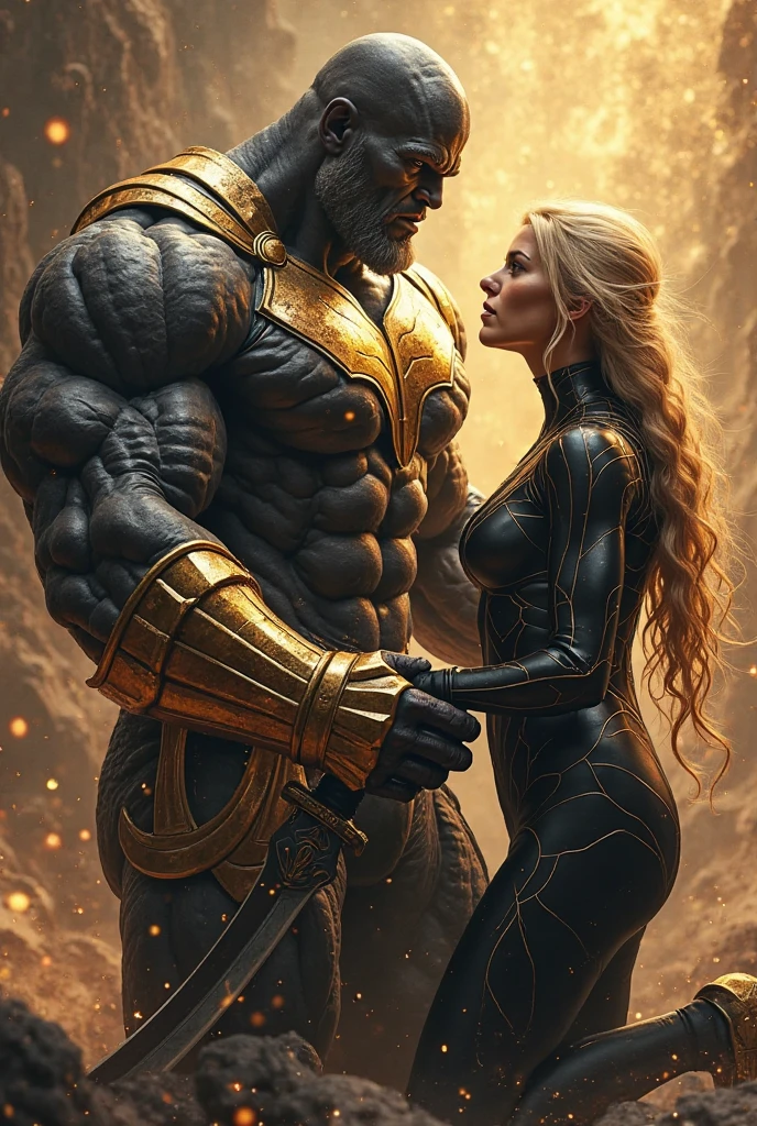 Superhero, black man, tall, big muscular body, strong, glow green eyes, Africa superhero costume. Voluptuous Android 18 fall in love and kisses with black man in romantic way.