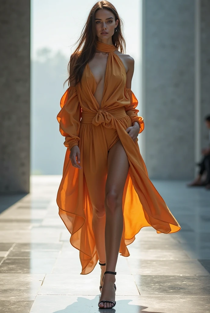European woman model wearing long dress open at the middle of the legs in orange color mixed with blue and yellow irregular lines