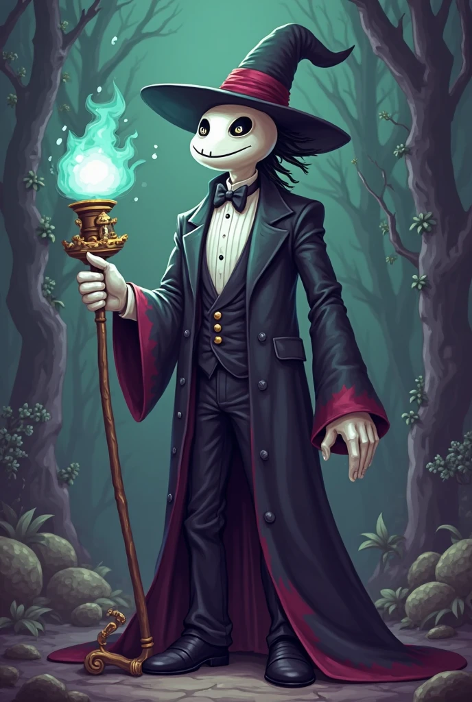 A skeleton with wear coat,pant and magician cap with magician stick and dance cartoonist