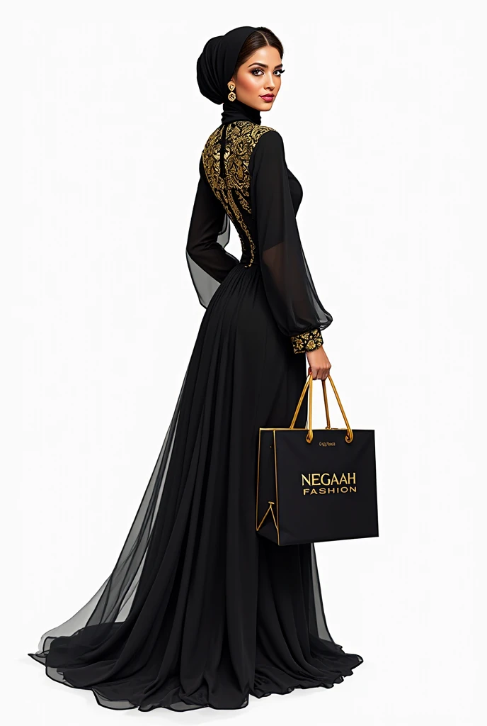 Make me a person wearing the Abaya with the brand name OMORA