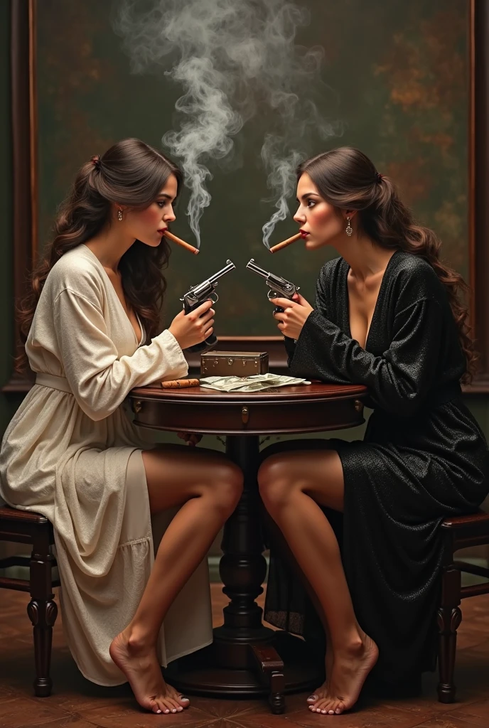 Beautiful young woman playing poker with a demon at a table smoking and drinking somewhat worried, quality black and white comic style, dark scene in the background