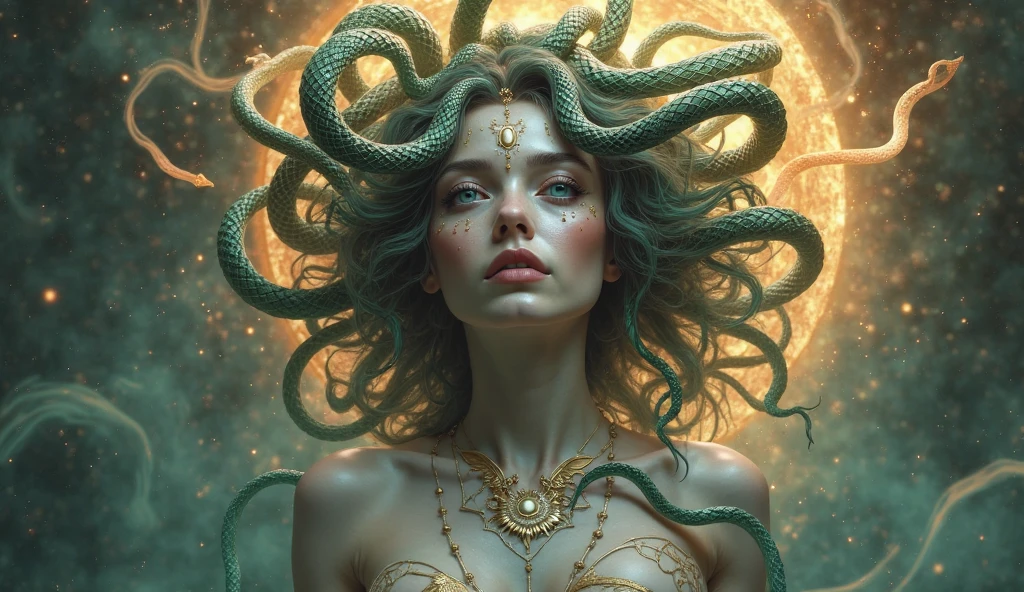 Medusa a woman with snake dreads holding In Greek mythology, Medusa, also called Gorgo, a human female with living venomous snakes in place of hair, dark, moody, dark fantasy style