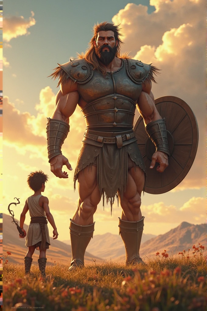 make the fight of david and goliath hyperrealistic, Goliath doesn't wear a mask