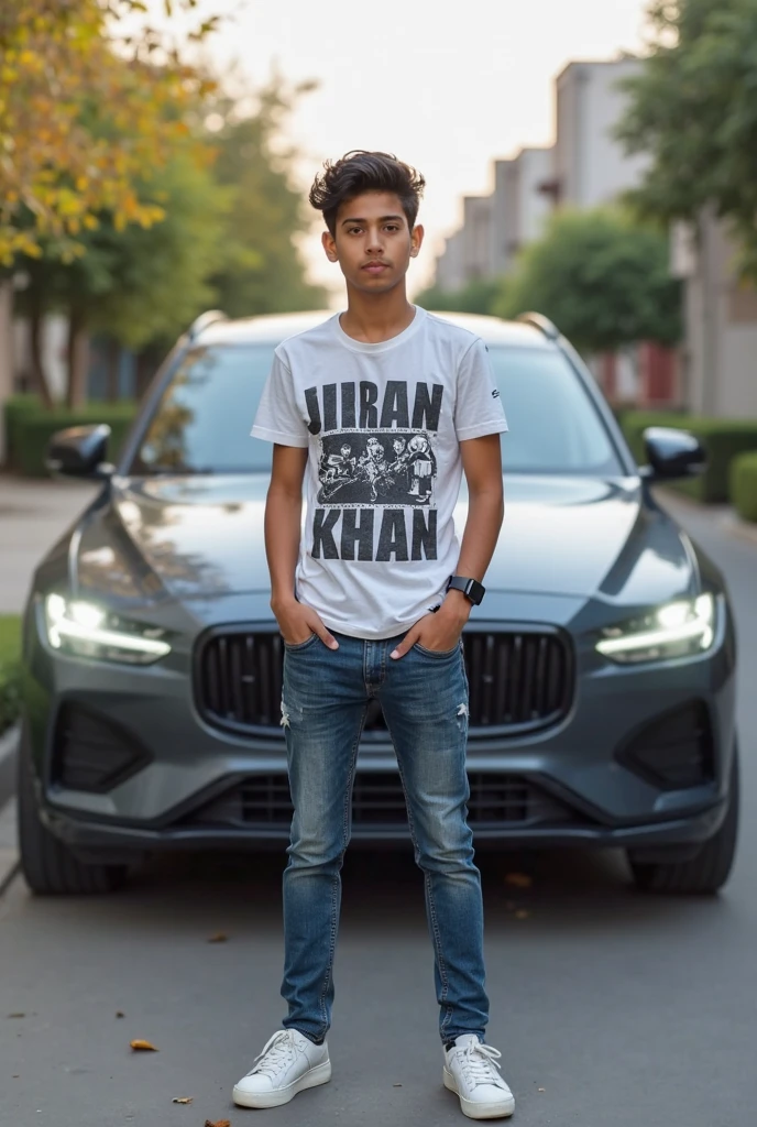 Create realistic photo of a 21 year old indian boy wearing sunglasses, boy is wearing fancy and good looking clocthes, on his t-shirt "Karan" name is written, boy is sitting on his Black Scorpio car, Car has number plat no. "IND 001", hyper realistic 3d photo
