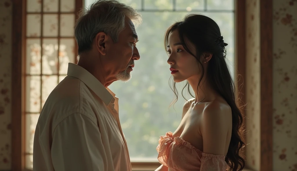 Pretty japanese woman, she has very beautiful long hair, a seductive gaze,she is on the couch talking to a 50 year old man, detailded, photoshot_\( ultra\), photoshotrealisitic, realisitic, Post-processing, Maximum details, roughness, real-life, ultrarealisitic, photoshotrealism, photoshotgraphy, 8k hd, photoshotgraphy