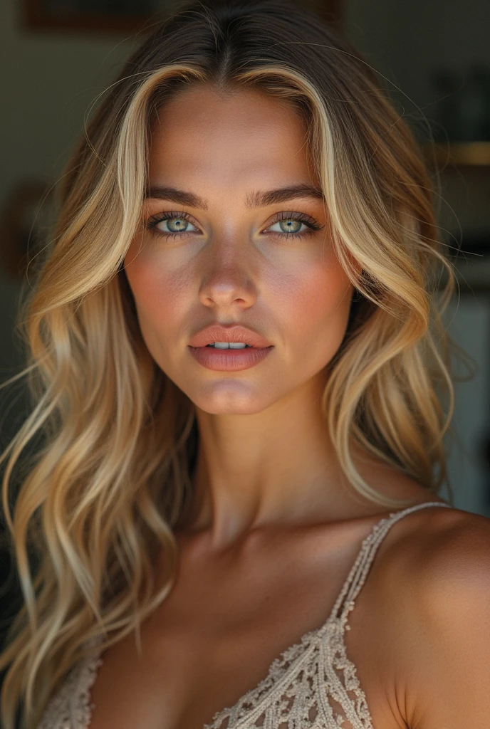 Un portrait photo réaliste d'une jeune fille italienne de 21 ans avec de longs cheveux blonds ondulants et des yeux marron captivants. Elle doit afficher une expression naturelle et accueillante, illuminée par la douce lumière dorée de la "golden hour". L'arrière-plan devrait être un cadre intérieur pittoresque et élégant. Capturez cette image en haute résolution avec un objectif de 85 mm pour une perspective flatteuse.