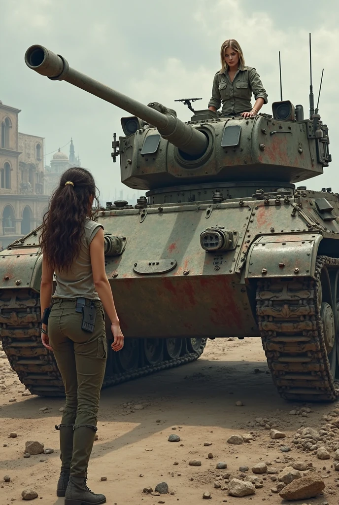Very attractive women are cleaning a huge worn out military tank covered in blood stains. They are scattered around the machine: A woman is lying on top of the tank, Another is leaning forward cleaning one of the stains, while two more stand on the sides, working with sponges and buckets of water. The women wear combat boots and display different skin tones and hair styles., while one of them is wearing a leather jacket and a military cap, sitting casually on top of the tank watching the others. The tank has the name 'Rosie' written on its side, and the scene has a sunny background with fluffy clouds and a bus stop sign in the background, adding a surreal and provocative tone to the scene