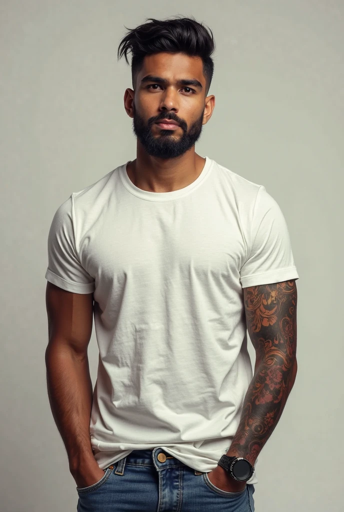 A 36-year-old black man, tall, 1.96m tall, weighing approximately 96kg, black eyes, closed beard and goatee, full and reddish lips, very well cared for white teeth with braces, diamond earrings in both ears, thick eyebrows and well-shaped, black hair with some gray strands, he is dressed in a white tank top and a blue hooded jacket over it, a white cap with a curved brim and the name Markãu Mendonça embroidered in black