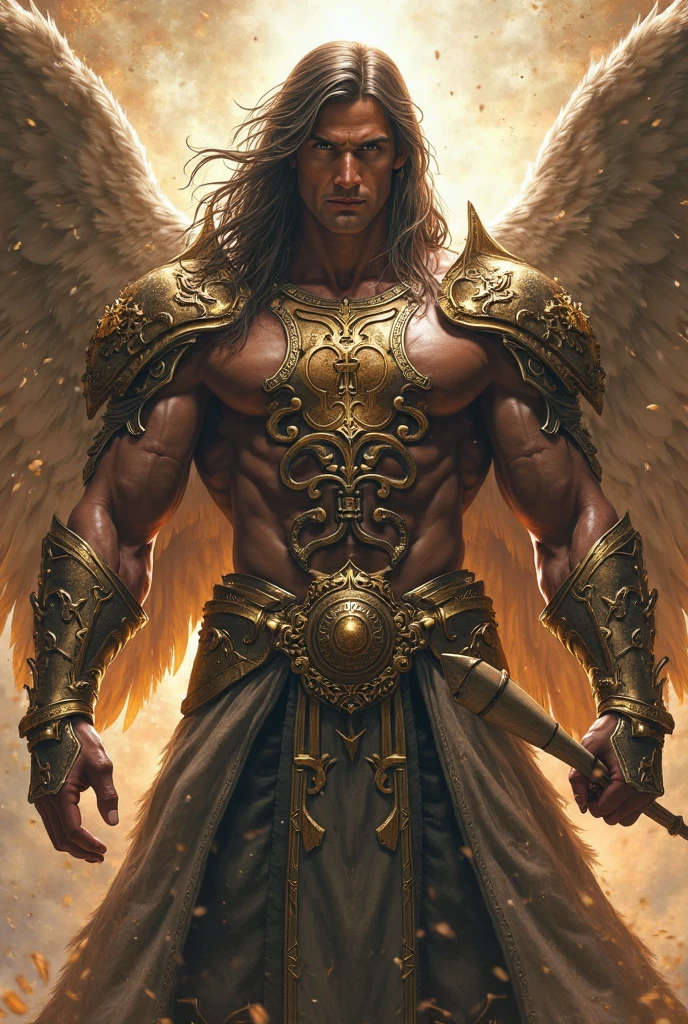 Create an 8K ultra HD digital image of a majestic giant and muscular Aasimar with light brown hair, long and curly, in the castle's music room. The Aasimar has green eyes and dark skin.. He is dressed in royal attire, including a moss green velvet cloak with silver and gold accents, Adorned with magical jewels that glow softly. He wears a silver crown with precious stones, silver bracelets on her wrists and a magical amulet around her neck. In the music room, the Aasimar wields the Sword of Zeus. The sword is made of celestial gold and emits golden rays, with divine inscriptions along the blade that shine brightly. The hilt of the sword is adorned with small rays and lightning., symbolizing his supreme power. He holds the sword in a serene pose, ready to protect art and culture, while electric sparks dance around you. The Sword of Zeus is known for its ability to control thunder and lightning, and an aura of divine power emanates from her. The music room is elegant, with finely crafted musical instruments, like harps, violins and pianos. Wood-paneled walls and music stands create an atmosphere of musical sophistication. Janelas altas permitem a entrada de luz natural, illuminating the room's refined details. The image should capture the beauty and harmony of the music room, highlighting the Aasimar and its interaction with the Sword of Zeus.