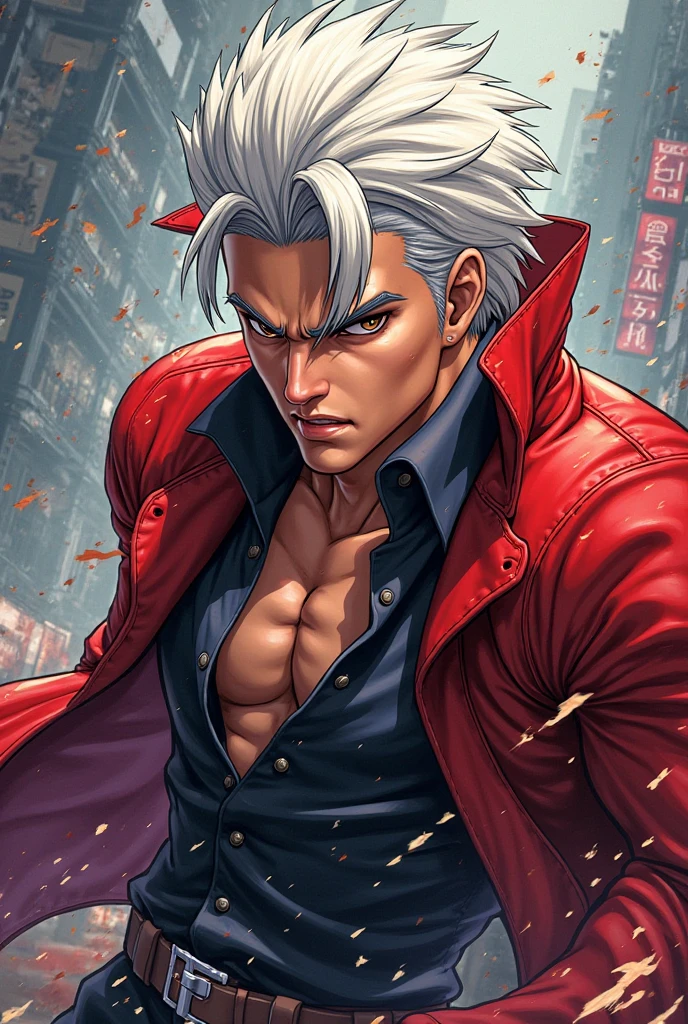 cowboy shot, high quality,masterpiece,<lora:sfr1v:1> sfr1v portrait, cyberpunk style ,cyberpunk city, (old man:1.1), white  hair, Scars on the face