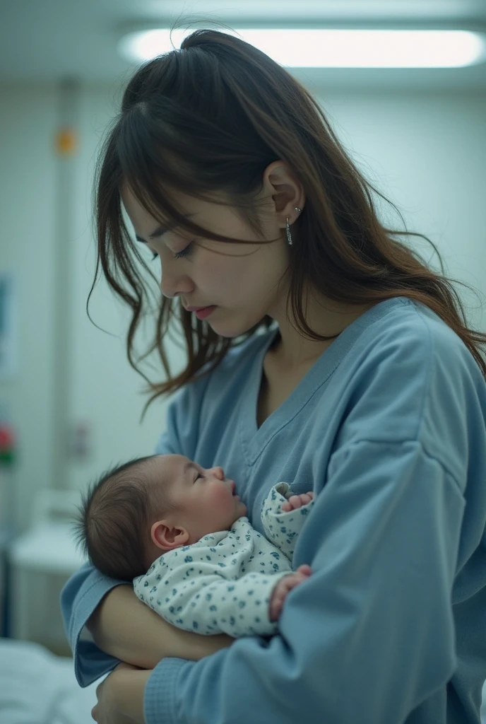 Young woman in hospital with baby