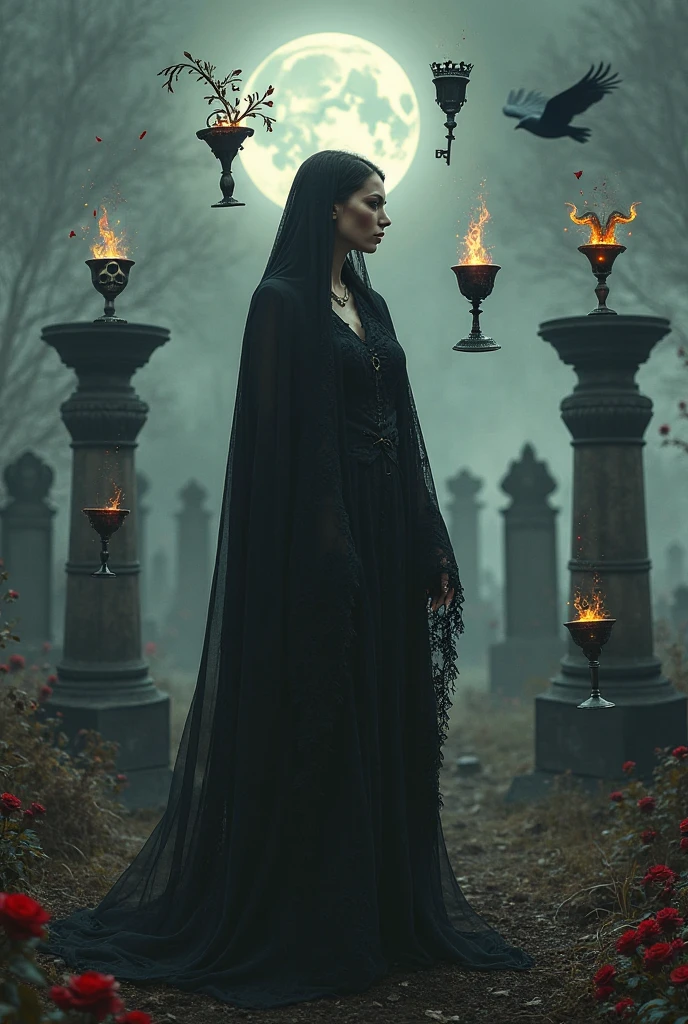 Uma mulher de 18 anos, fair skinned and waist-length light brown curly hair, black dress with red flare, A rose in her hand, with a black cape looking straight ahead and with a simple smile, wearing red earrings and necklace, gold bracelet, walking inside the cemetery with flames of fire on the ground, full moon night