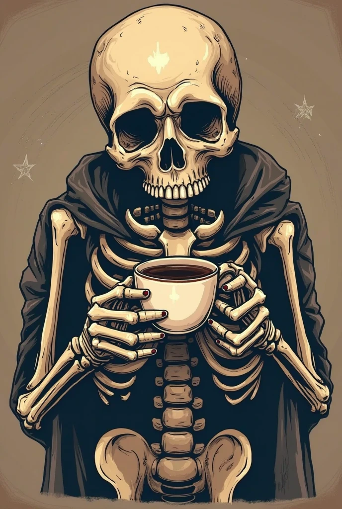 A hooded skull drinking coffee