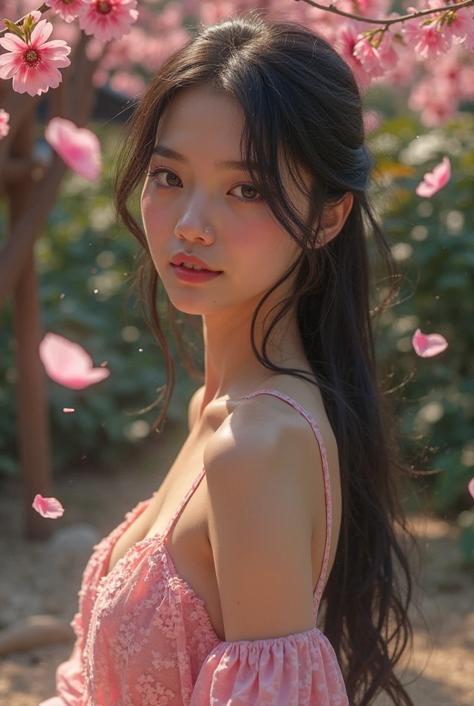 (extra detailed body、extra detailed face、best qualtiy:1.2)、femele、looking at the viewers、(sheer pink  bra、JINS)、(pink bougainvillea chaos in the background:1.4)no bangs, double eyelids,black hair
