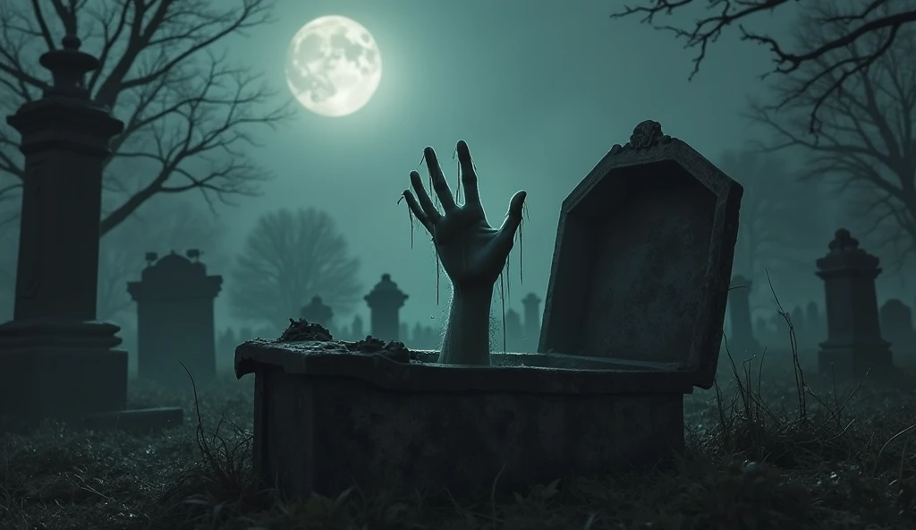 a hand taking a person out of a grave.