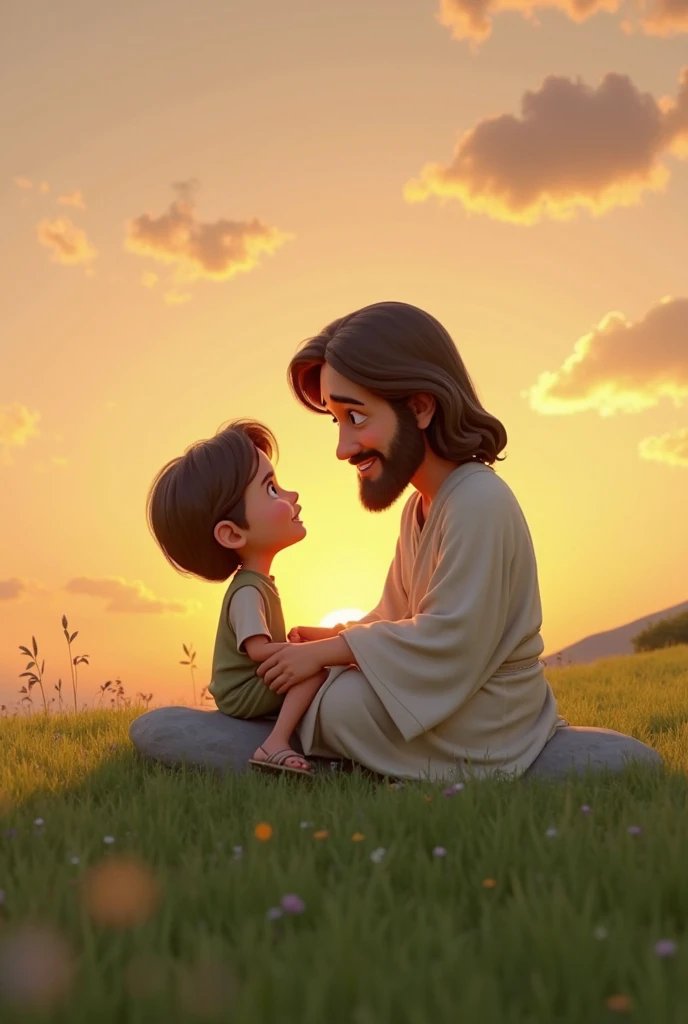 One of approximately , wearing a white outfit this child has short blond hair, greeneyes, she is talking to Jesus Christ at a dinner table