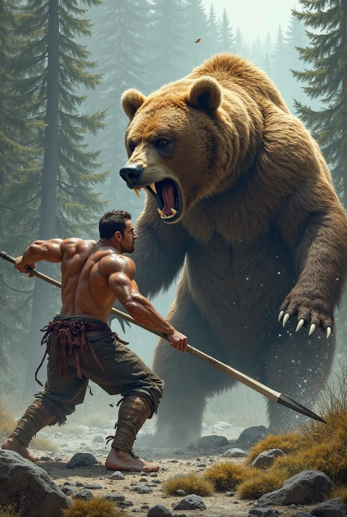 man hitting a bear in a forest because the bear is dizzy