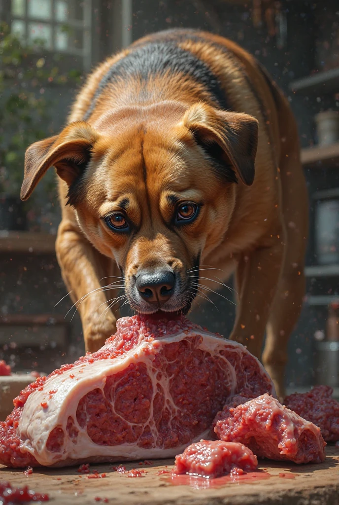 a dramatic scene, (((hyperrealisti))), view from inside the carcass of a dead animal, focusing on one (((Rottweiler))), (((RABID))), (((Rottweiler RABID de rua se alimentando))). The image is framed by the skin of the carcass, stained with blood, as the Rottweiler tears the flesh with its sharp teeth. The landscape in the background is of a big city at night., creating a contrast between the urban environment and the wild act. A tensão do momento é capturada nos detalhes hyperrealistis do Rottweiler e na iluminação da rua, adding an intense and dark mood to the scene.
