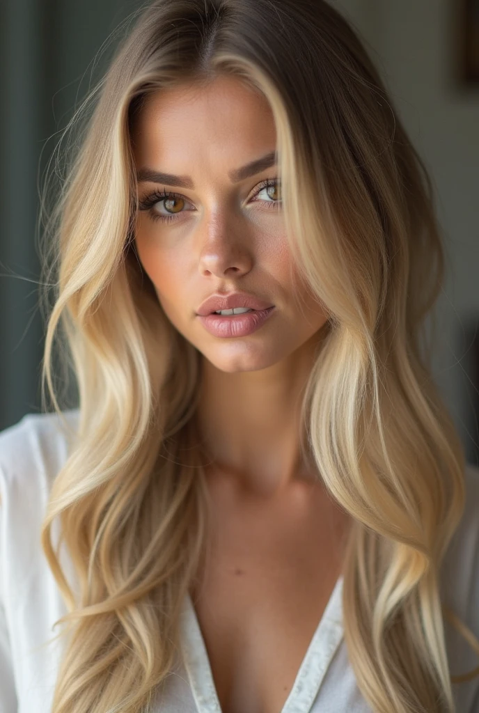 A stunning blonde woman aged between 25 to 30 years, designed using a precise facial model with specific geometric constraints to ensure consistency across different depictions. Her face is characterized by an oval shape with balanced proportions, adhering to the golden ratio for facial length-to-width harmony. Her long, flowing blonde hair is styled in soft waves, with natural shine and light reflecting off the strands, framing her face gently. She has naturally arched, well-groomed eyebrows positioned at a consistent distance above her large, almond-shaped hazel eyes. Her eyes are rich in detail, with clear sclera, textured irises, and long, thick eyelashes that enhance their expressiveness. The straight, well-proportioned nose features a nasal length aligned with the distance from the nose to the lips, maintaining facial symmetry. Her full, naturally pink lips are slightly parted, with a defined cupid’s bow and a soft gloss, complementing her rounded chin and well-defined jawline. High, well-defined cheekbones contribute to a sculpted appearance, with a zygomatic width that balances the face. Her smooth, flawless skin radiates a healthy glow, with an even tone and subtle sun-kissed effect. Set against a luxury hotel lobby backdrop, featuring marble floors, grand chandeliers, and plush seating in a lavish, welcoming atmosphere. The scene uses a soft frontal light source at a 45-degree angle to enhance her features without creating harsh shadows. The facial features are maintained consistently with all renderings, ensuring that the established baseline model's beauty and symmetry are preserved.