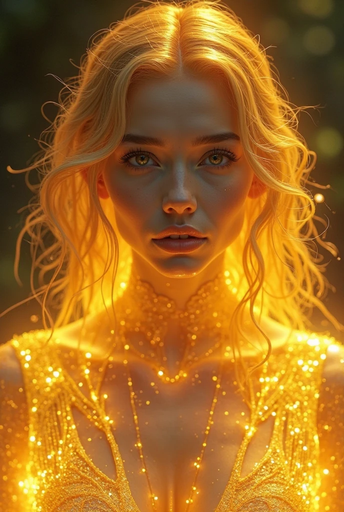 "A mesmerizing, otherworldly woman with vibrant neon yellow features, her form gracefully adorned with translucent, flowing fabric that accentuates her every curve. Her eyes and hair emit a captivating neon yellow glow, blending seamlessly with the environment. The scene unfolds in a magical digital landscape, where holographic flora and flowers shimmer with a soft, enchanting neon yellow light. Her skin, subtly iridescent, reflects the neon yellow illumination in dazzling patterns that highlight her contours. As she moves with seductive elegance among the glowing vegetation, her expression is both alluring and intriguing, embodying the essence of a cybernetic muse in a surreal, neon-tinged dreamscape."