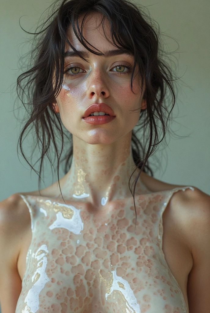 fell off dress, (photo realistic:1.4), (hyper realistic:1.4), (realistic:1.3), (smoother lighting:1.05), (increase cinematic lighting quality:0.9), 32K, 1girl,20yo girl, (medium breasts: 1.2), realistic lighting, light on the face, ray trace, (brightening light:1.2), (Increase quality:1.4), (best quality real texture skin:1.4), finely detailed eyes, finely detailed face, finely quality eyes, (threatened but satisfied:0.0), face closeup, white loose tank top, (((white sticky liquid on the tank top))) (Increase body line mood:1.1), (Increase skin texture beauty:1.1)