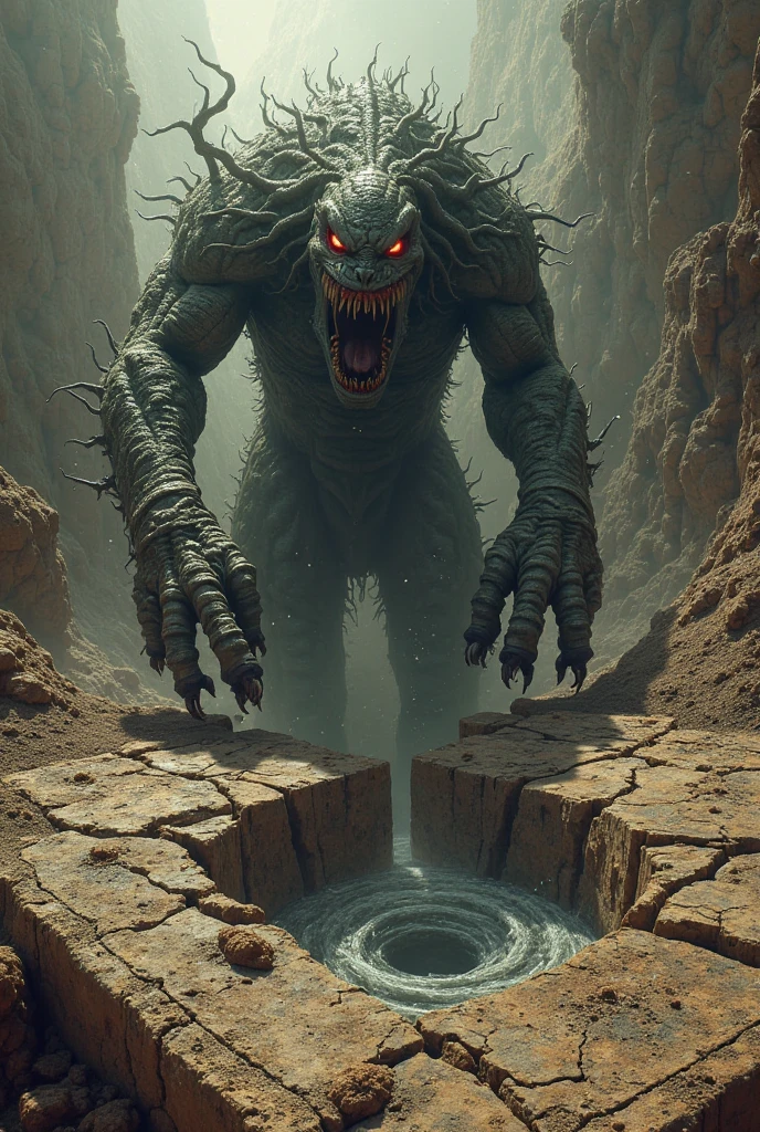 breathtaking, surrealist, very detailed, maximum fidelity, extremely high details, Ultra HD, Panavision Millennium DXL2 8k Professional RAW Photo Giant rock monster emerging from the glowing reflection of a mountain, RTX on, underground spawning, Dynamic HDR tone mapping, volumetric lighting, screen space reflection, Physically Based Rendering, Unity World Environment Tree