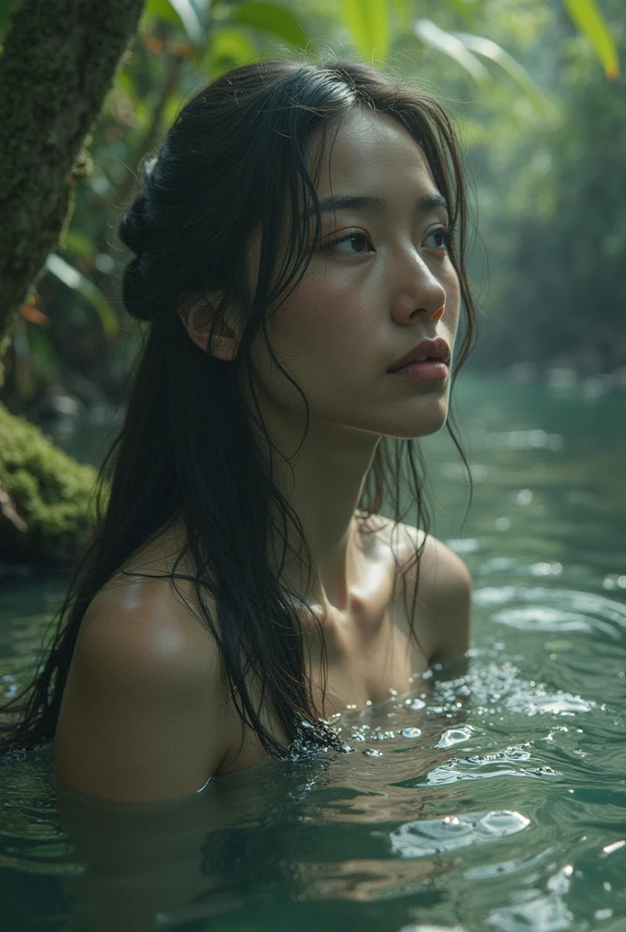 A girl swiming in the river, without cloth, natural background