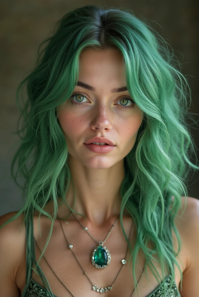 A dyed green hair model with porcelain white skin, radiant and flawless, graces the frame in an ultra-realistic stunning full body shot. Her hair cascades in green curls, selfie, without makeup, contrasting vividly against her pristine complexion. Every pore, every freckle, every wrinkle is meticulously captured in exquisite detail, reflecting the uncanny authenticity of the RAW image. The cinematic light illuminates her facial features from the side, casting intriguing shadows and hidden dimensions. The vivid 4k textures and crisp sharp focus reveal her flawless features, ensuring a masterpiece that leaves no detail untouched.