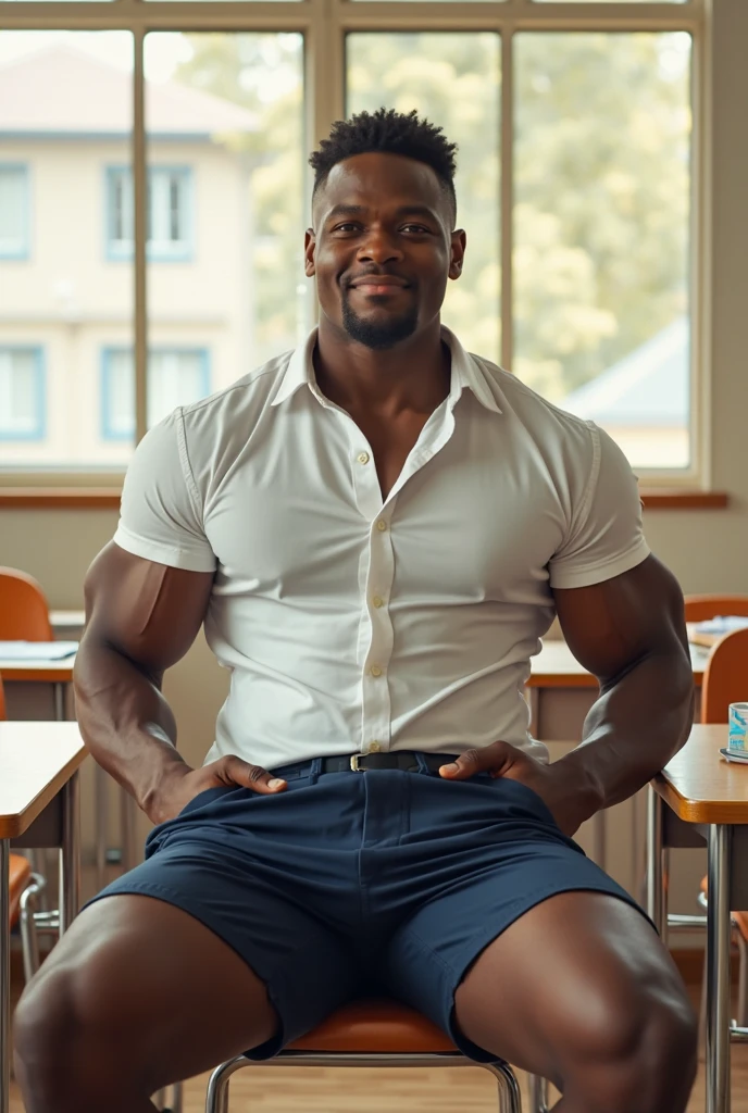 portrait of a strong African male smiling in jock strap and shirtless in classroom in front of elementary male blonde students, day, foggy