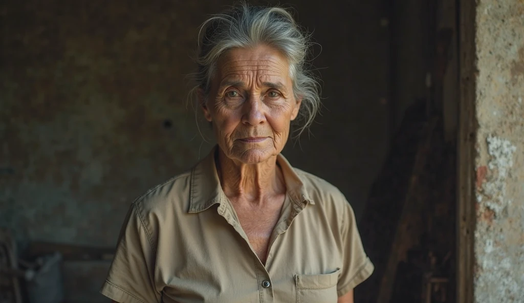 Old white woman, standing in front of an old mud and straw house with two palm trees in front of the house in the 1950s in northeastern Brazil
