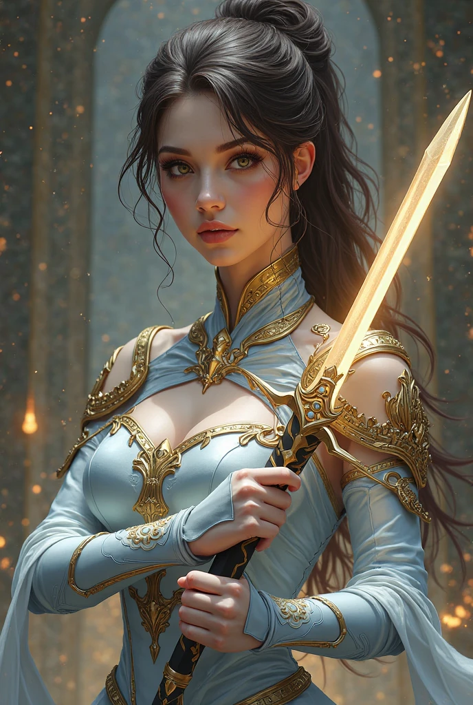 ((masterpiece)),highest quality, (8k, highest quality), Very detailed,(Female gladiator in chain mail,Skin-revealing high-leg costume),(Dynamic fighting poses),(A look of contempt),(Spread your legs wide、Keep your center of gravity low, Like Ninja martial arts.)、,Very beautiful 24 year old girl, (cute:1.2),The background is a medieval castle of the future、((A powerful female warlord stabs the screen with her legendary longsword.))、A sulky smile、(Big eyes and a beautiful face)、The fight has left my whole body covered in soot.、((Wields a giant long sword))、(The legendary thunder-clap long sword of medieval Europe)