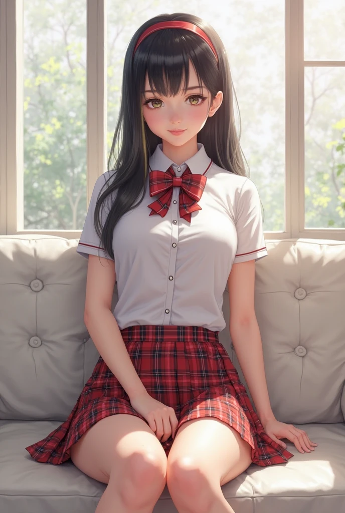 very cute and beautiful girl,(very detailed美しい顔),white blouse,ribbon,Pleated Plaid Mini Skirt,skirt lift,white panties,(smile),blush,looking at the viewer,black hair, european antique living room,plush furnishings, (highest quality,masterpiece:1.2),disorganized,High resolution,super detailed,very detailed,32K,8K resolution, intricate details,movie-like scene,detailed background,alone,dynamic angle, Natural light,hair blowing in the wind,beautiful and detailed sky,