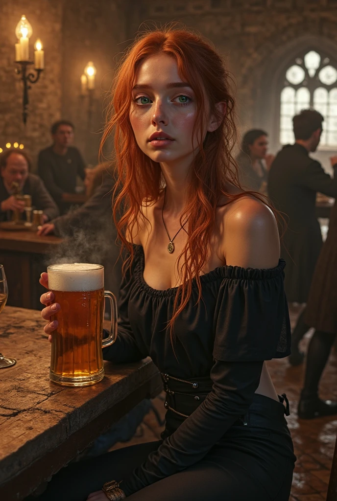 beautiful ginger Harley Quin in a Irish pub, air above hair, IPA award wining, masterpiece, ultimate lighting, art by top 5 artstation artists