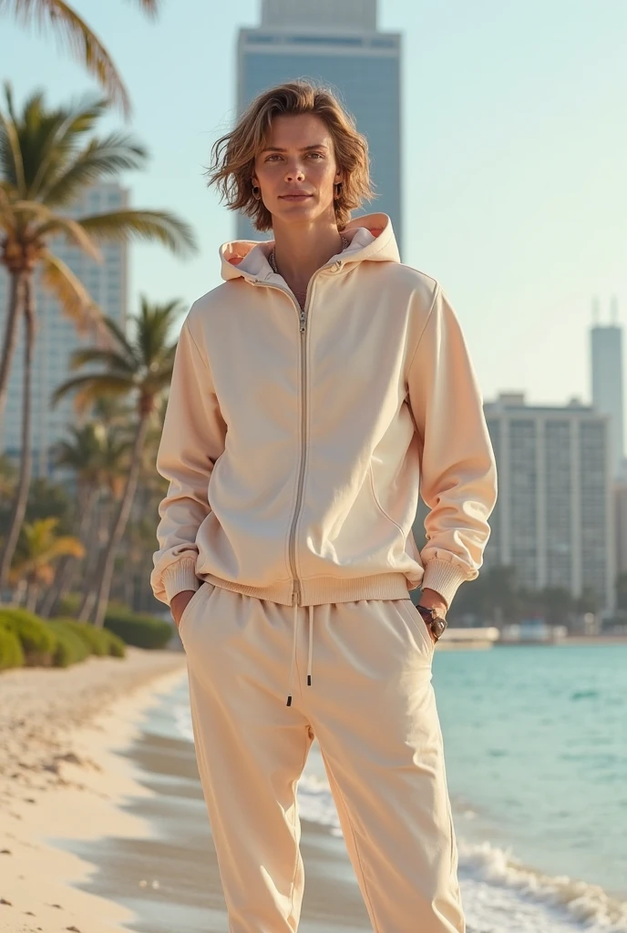 photorealistic, DonMM1y4XL turquoise cuffed pants, seersucker sleeveless muscle hoodie,    , oasis, seaside cliffs, upper body, emotion