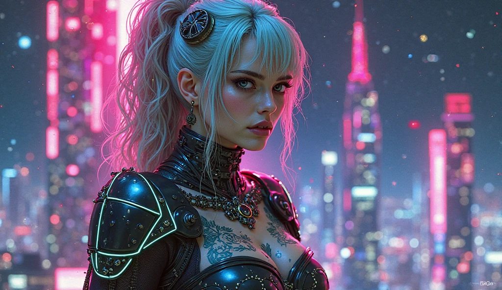 photo of a goth woman, in space, futuristic space suit, (freckles:0.8) angry face, sci-fi, dystopian, detailed eyes, blue eyes, big tits, very big boobs, biggest breast, sexy pose, with sword or weapons laser, erotic pose, high quality, beautiful space background, full colour, white hair, short hair,