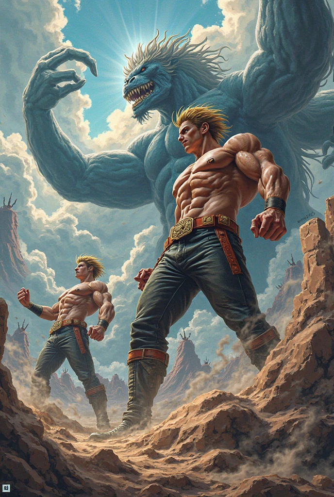 young man with blonde hair fighting big monsters like godzilla using sword, with his partner a brown-haired man carrying a gun