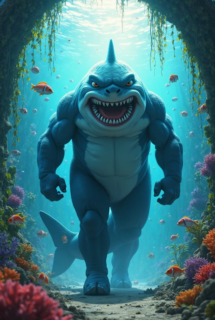 （character idea），Very unified CG design，SpongeBob&#39;sThe big shark Poseidon has a very unique appearance.，Standing height about 2 meters，Weight about 120kg，Strong build，muscular。His skin is dark blue，it&#39;full of spots，These spots are shaped like sponges，His eyes are black，sharp vision，His teeth are sharp and pointy，intimidating，behind head，he has a long fin，His arms and legs are very strong，Claws as sharp as hooks，His tail is big and powerful，So he can swim in the water，SpongeBob海神波塞冬被一层粘稠液体覆盖，This layer of liquid emits weak fluorescence，Make him look more mysterious，His appearance is full of strength and wildness，