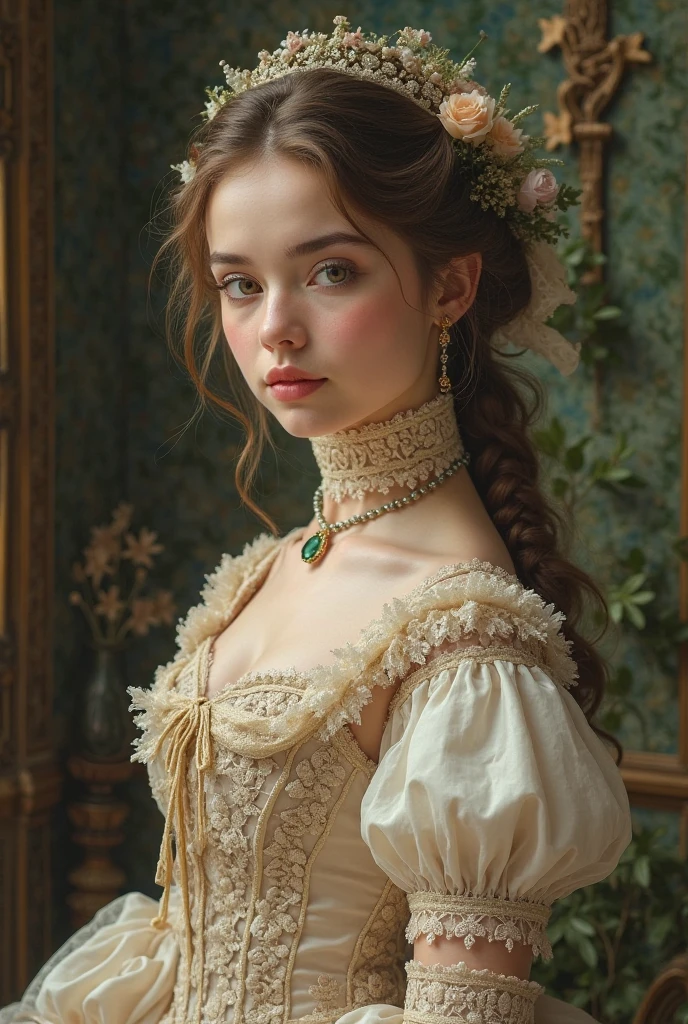 Fighting game style Standing outside the Victorian-era steam train, an observer's gaze is drawn to the window where, amidst the elegant interior, (a striking young adventurer captures attention. Her fair, porcelain skin glows softly, and her vibrant glossy locks are elegantly styled in a single braid, offering a striking contrast against the subdued hues of the train's interior). Dressed in a tailoglossy ensemble that seamlessly blends sophistication with daring, she wears a tweed jacket adorned with delicate lace accents. (Her blouse, provocatively unbuttoned, reveals a hint of cleavage, captivating the viewer's eye:1.2). (Her skirt, embellished with ornate embroidery and cascading layers of fabric, [enhances the opulence of her attire:1.3]). Each button of her blouse reflects Victorian craftsmanship, while her skirt sways gently with the train's movement, adding to the allure of her presence. With a serene expression and a glint of adventure in her eyes, she embodies the essence of refinement and intrigue as the train stands poised for its journey. Opulent Renaissance Radiance: Immerse yourself in an epoch resonating with (intellectual refinement and artistic rebirth:1.2), seamlessly blending Renaissance elegance with a profound cultural revival. Characterized by (warm, rich tones and soft, graceful shadows:1.3), it evokes (visual sophistication and refined grace, transporting onlookers to an era of opulent cultural renewal:1.2). Embracing opulent Renaissance radiance instills a sense of cultural allure, immersing viewers in an epoch steeped in the grandeur of Renaissance Europe and its enduring legacy, urging them to embrace cultural brilliance with admiration and reverence. . Dynamic, vibrant, action-packed, detailed character design, reminiscent of fighting video games