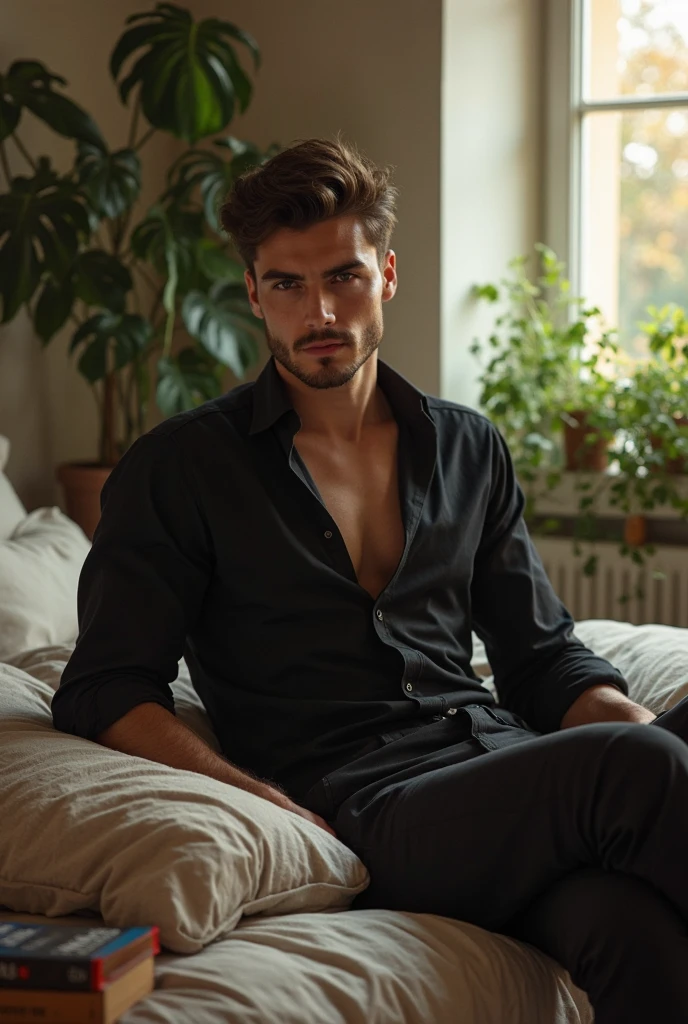 A white man,  model type, com 30 anos,  blue colored eyes, wearing a blue white shirt and black pants, sitting sideways with his feet up on a bed and looking at the cam in a sexy way
