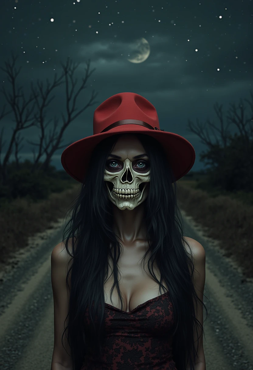 A beautiful woman with long black hair, half of her face a skull, wearing a red hat, on a dirt road at night.