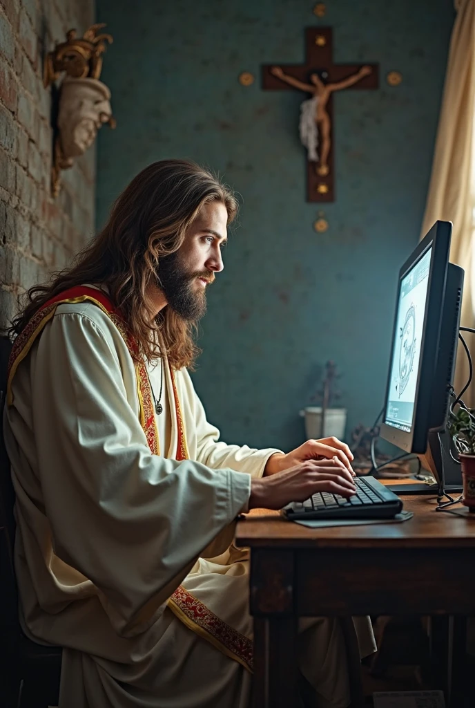 Jesus Christ using a computer to evangelize on social media 
