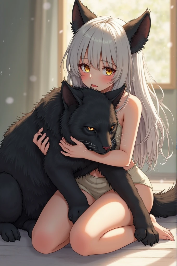  Woman with long loose semi wavy white hair sitting on a bed with her legs crossed with golden eyes, dressed in a red bra and loose jeans holding a black jackal in her arms lying on her back with its paws up, on the girl&#39;s face in anime style